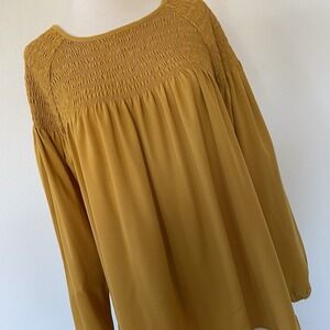 Philosophy Womens Blouse Long Sleeve Smocked Top Mustard Gold Medium Artsy Boho